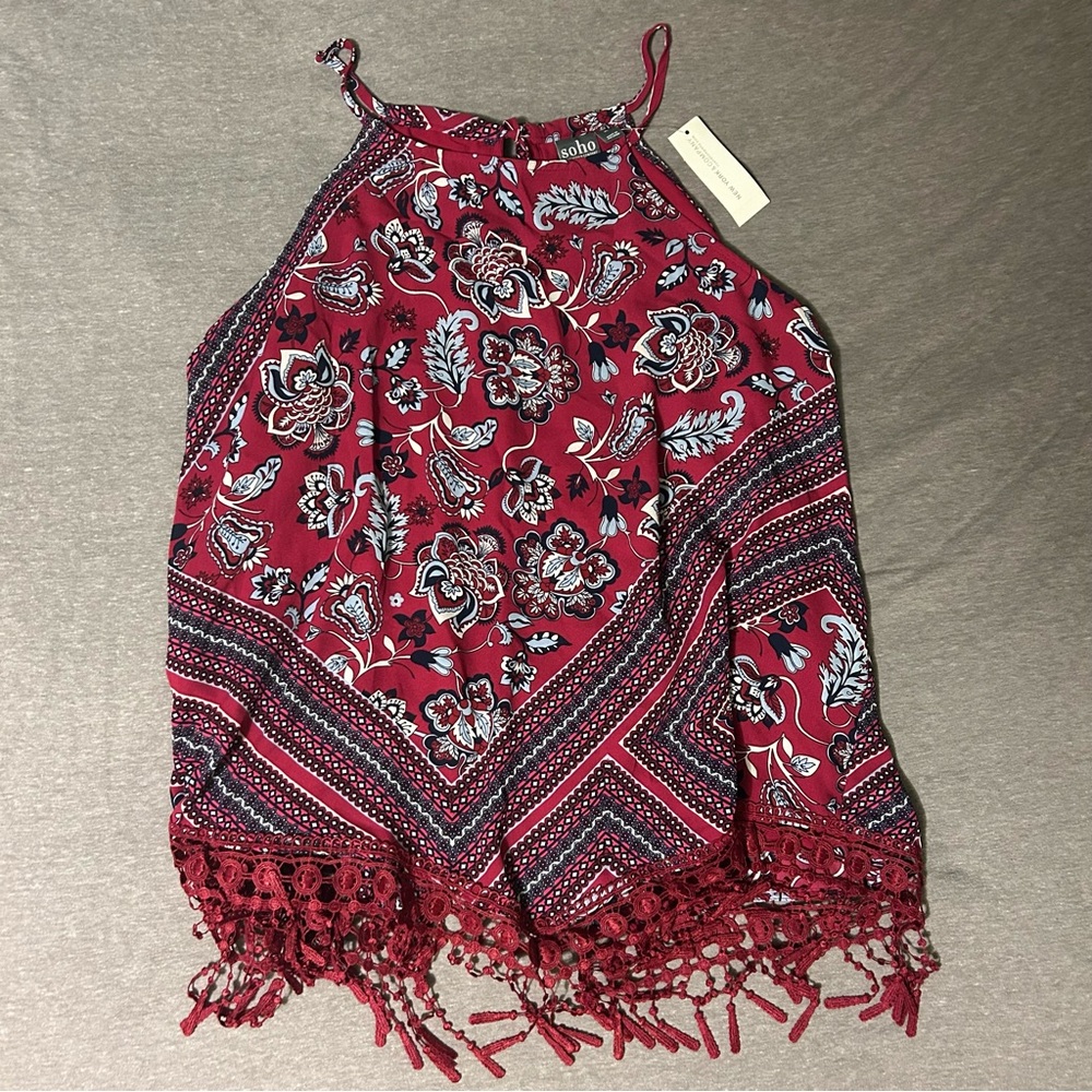 NY&C SoHo Jeans Floral Top with Tassel Hem